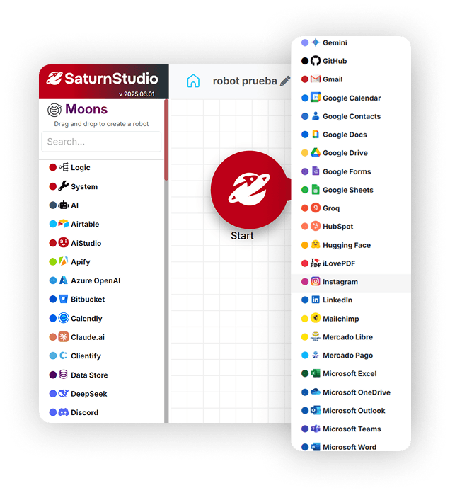 Tela do Rocketbot Saturn Studio mostrando a lista de agentes e integrações disponíveis